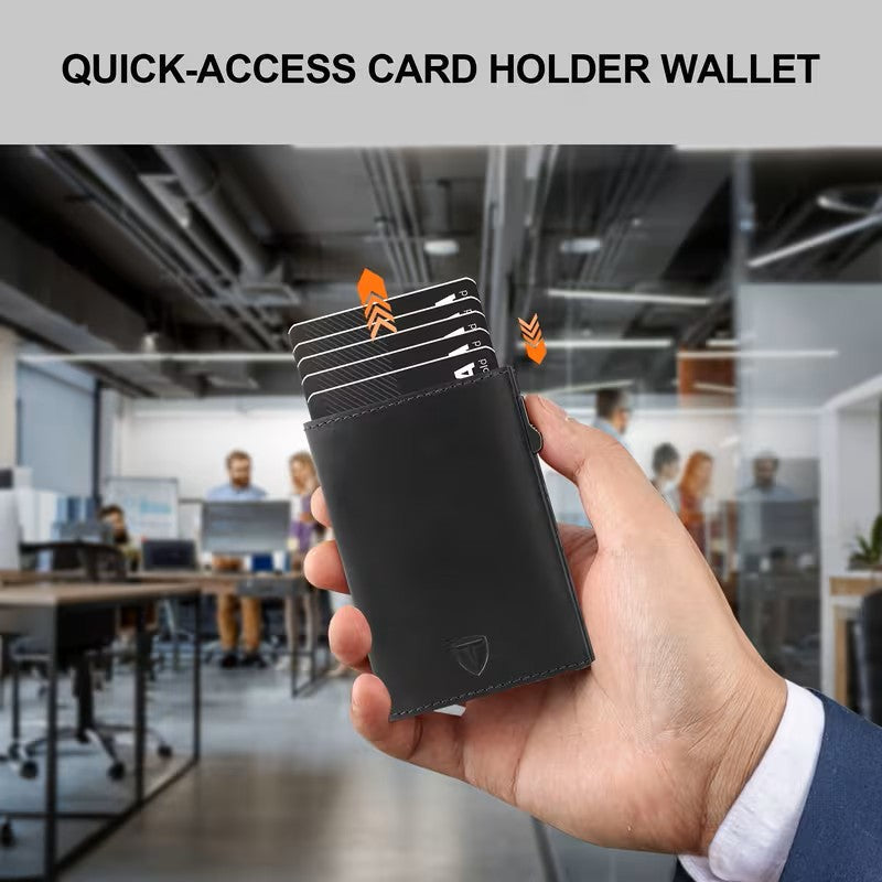 TOYFID Leather Wallet for Men, RFID Blocking Pop up Card Holder with Slide Ejector Button, ID Window, Airtag Slot, Mirror, Large Capacity Organiser for Credit Card/Bank Card/Cash