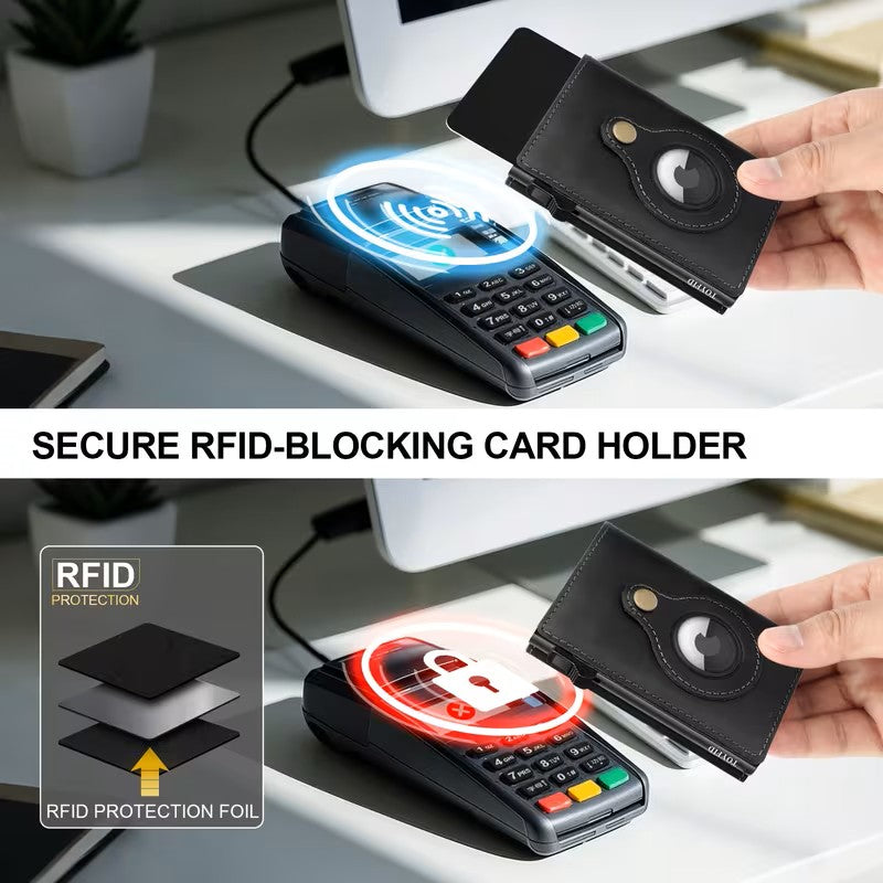 TOYFID Leather Wallet for Men, RFID Blocking Pop up Card Holder with Slide Ejector Button, ID Window, Airtag Slot, Mirror, Large Capacity Organiser for Credit Card/Bank Card/Cash